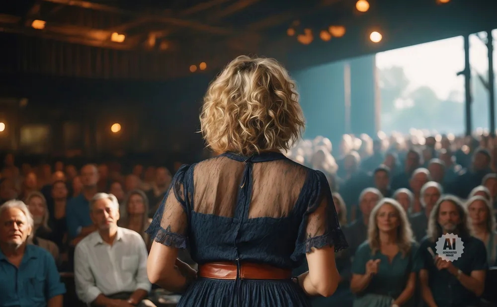 Woman with curly blonde hair in a blue dress speaking to an audience.