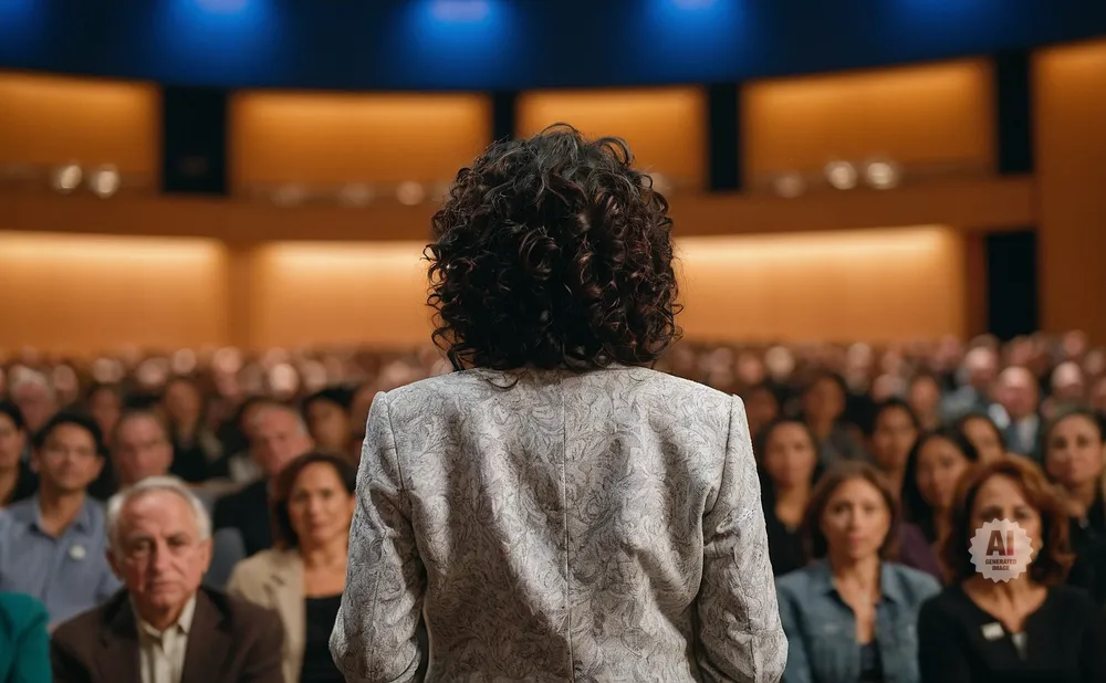 A woman with curly dark hair speaks to a large audience in a well-lit auditorium.