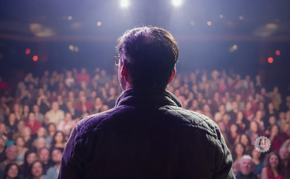 A speaker on stage faces a large, blurred audience, illuminated by stage lights.
