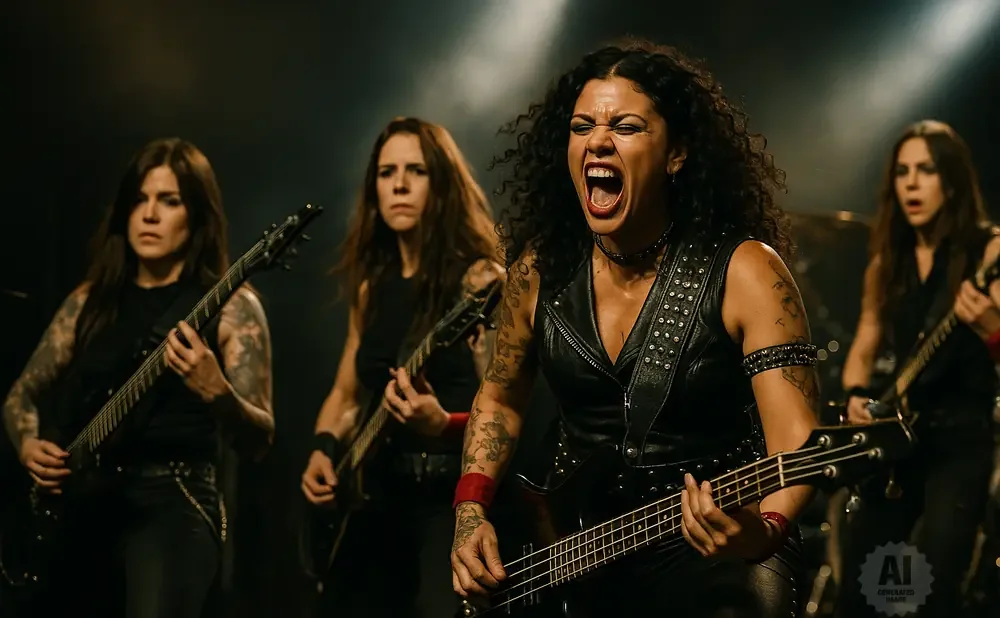 A female rock band performs onstage, with the bassist in the foreground singing passionately.