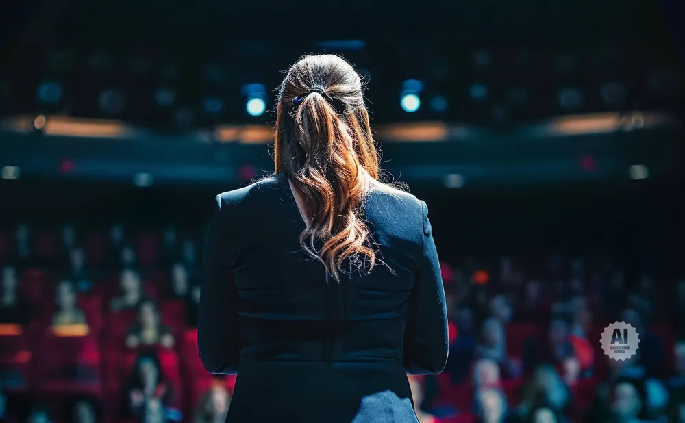 A person in a suit speaks to an audience in a dimly lit auditorium.
