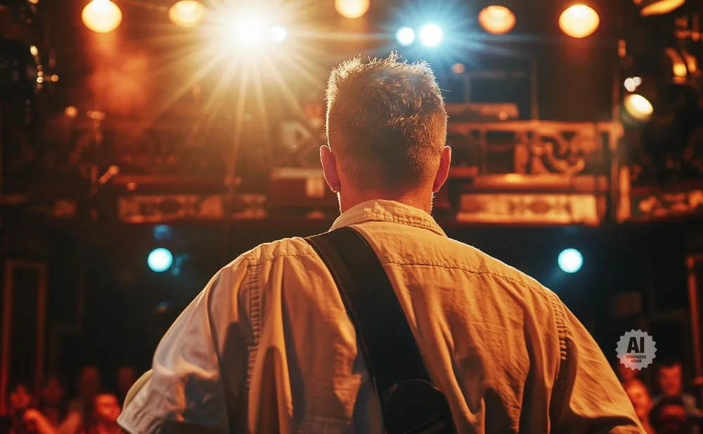 Musician on stage facing away, bathed in warm stage lights.