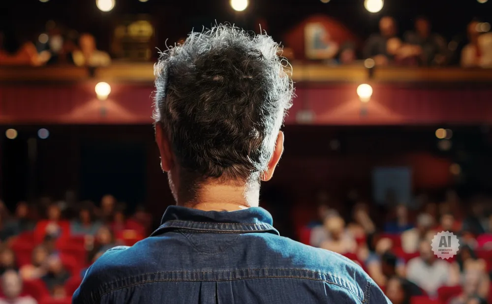Man in denim shirt facing an audience in a theater.