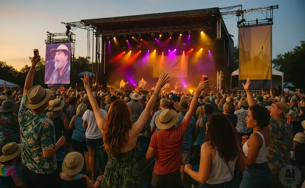 Crowd at an outdoor concert at dusk, with a large screen showing a singer on stage and colorful lights.