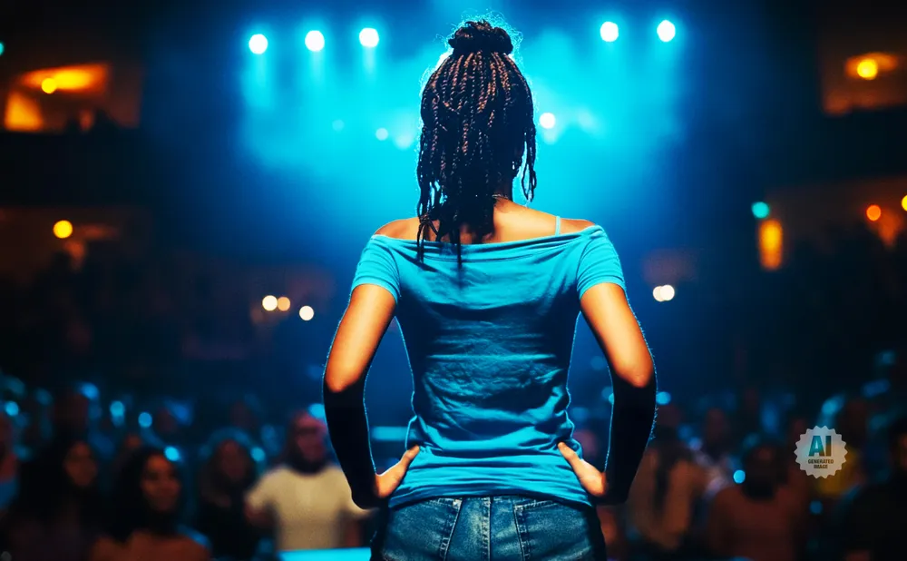 Woman with braided hair on stage in a blue top and jeans, facing away from the camera, with a blurred audience in the background.