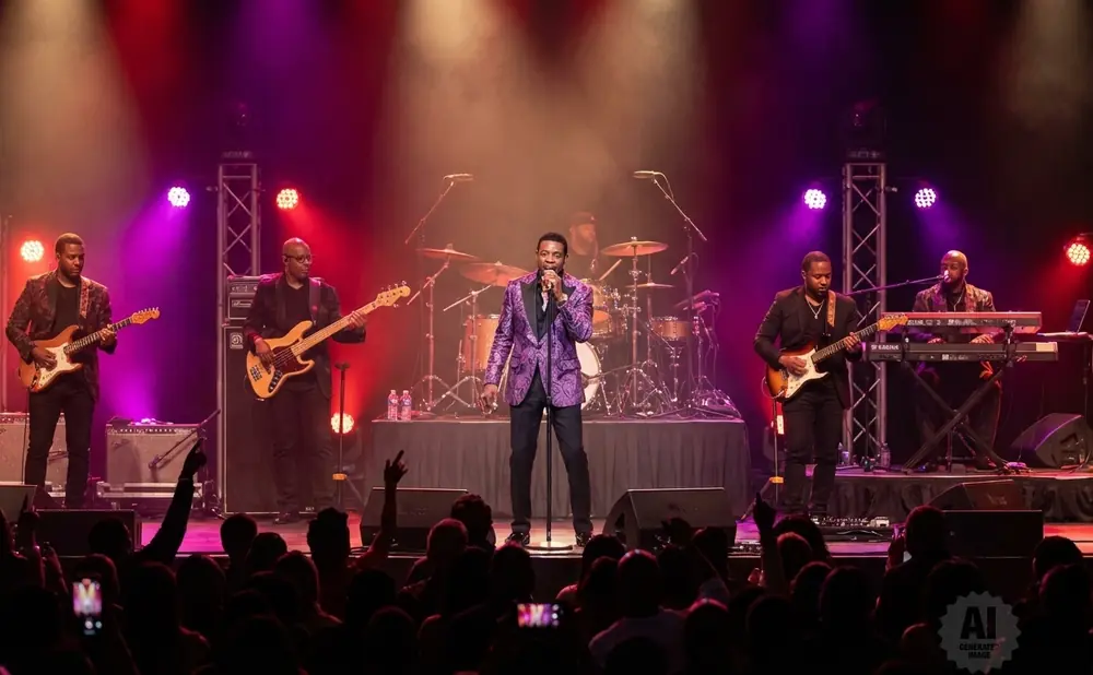 A band performs on stage under pink and blue lights, with a singer in a purple jacket center.