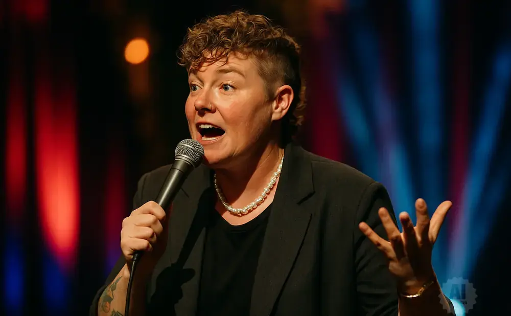 A comedian with curly hair and a pearl necklace holds a microphone while gesturing with their hands.