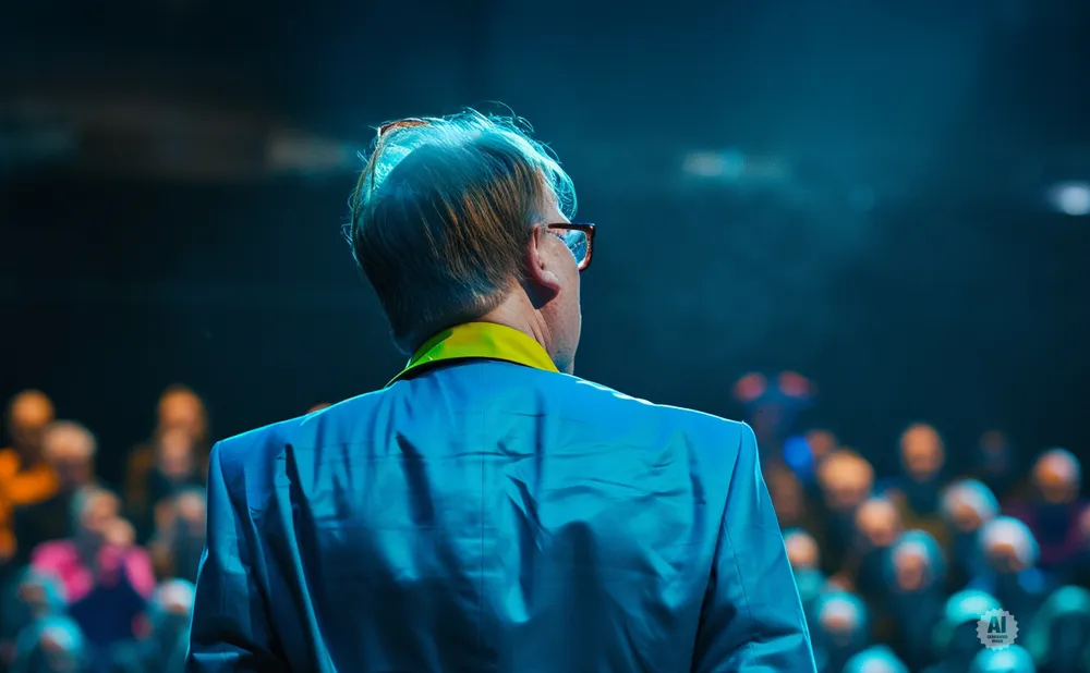 Man in a bright blue suit and yellow collar, facing away from the camera, with a blurred audience in the background.