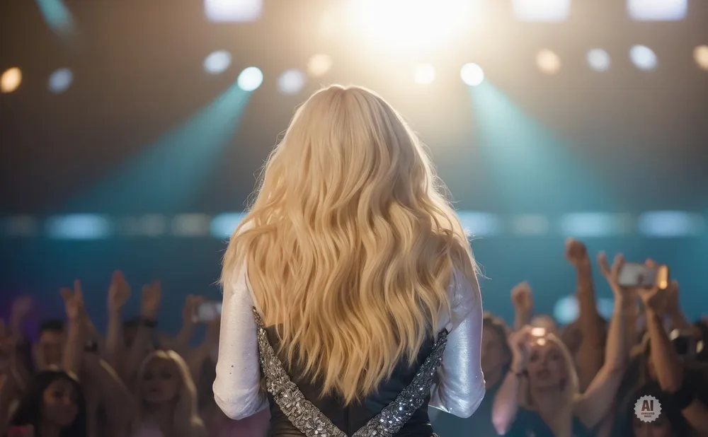 Back view of a blonde woman performing on stage with bright lights and a cheering audience.