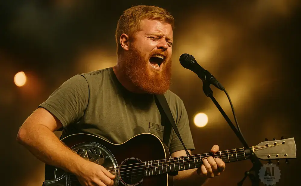 A red-bearded man sings into a microphone while playing an acoustic guitar on stage.
