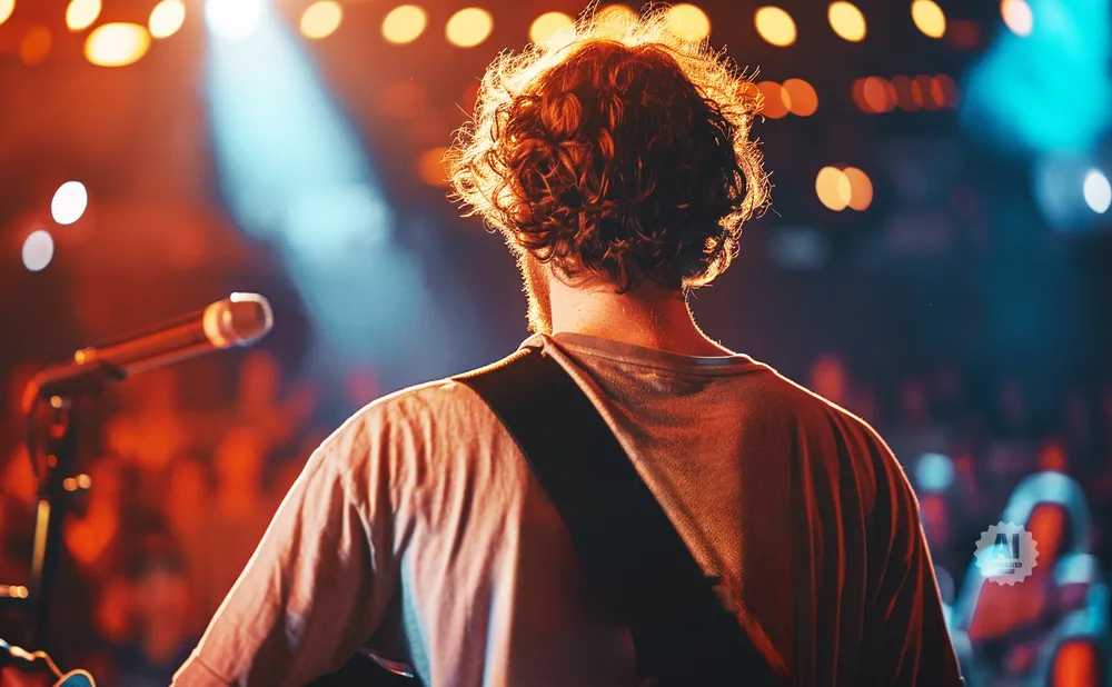 Musician with curly hair on stage, back to camera, silhouetted by warm stage lights.