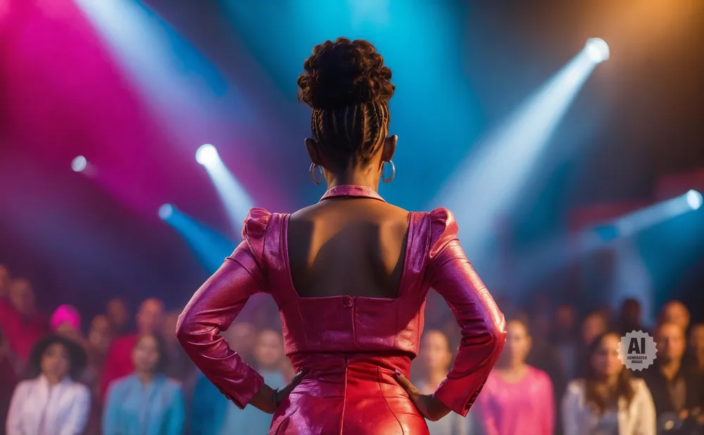 Woman in a sparkling pink outfit with her back to the camera, on stage with dramatic lighting and a blurred audience.