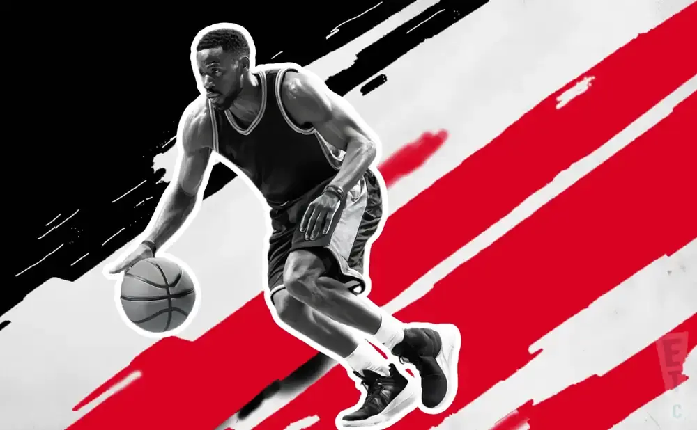 A basketball player dribbles the ball against a black and red abstract background.