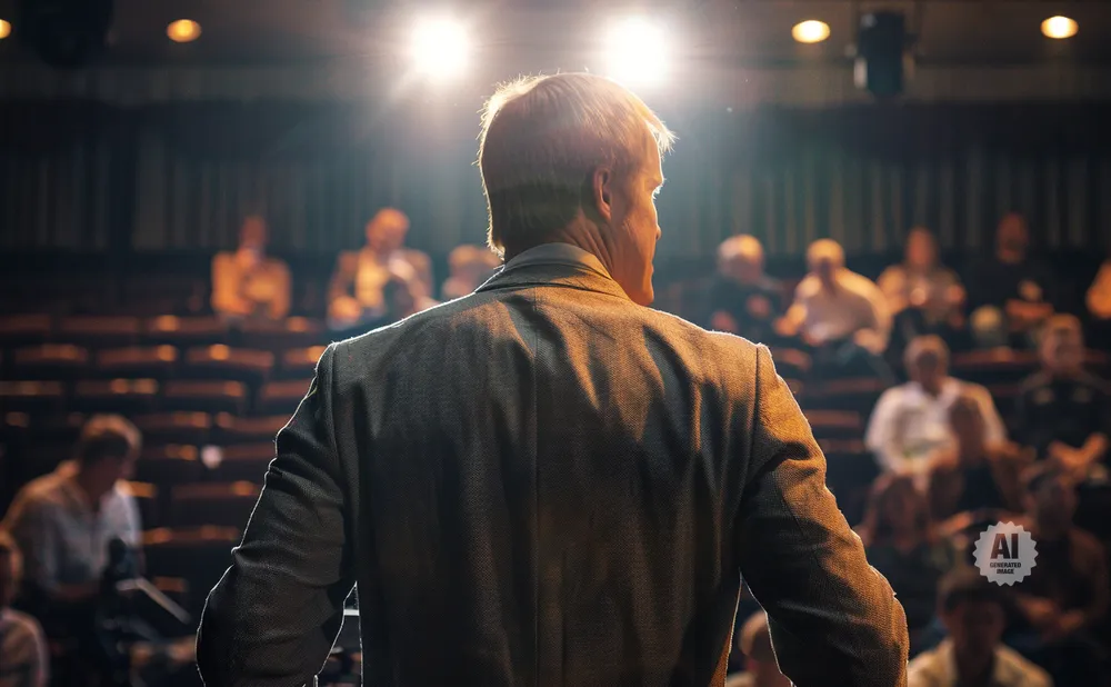 Man in a suit addresses an audience in a dimly lit auditorium.