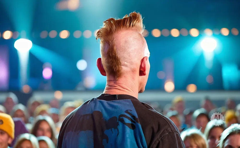 Back view of a man with a mohawk at a concert, with blue stage lights and a blurred audience.