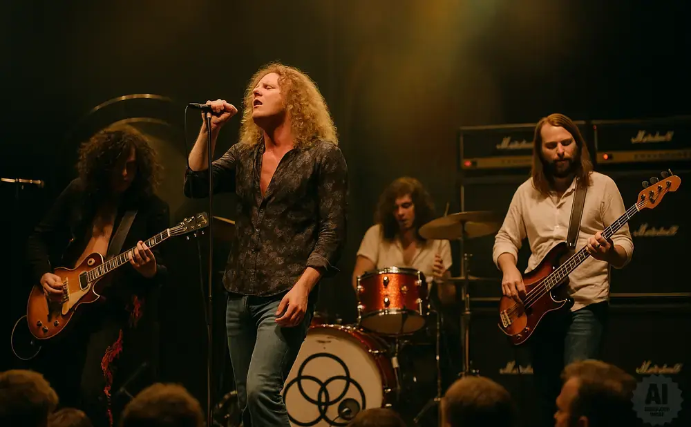 A band performs on stage: a singer with blonde curly hair, a guitarist, a drummer, and a bassist.