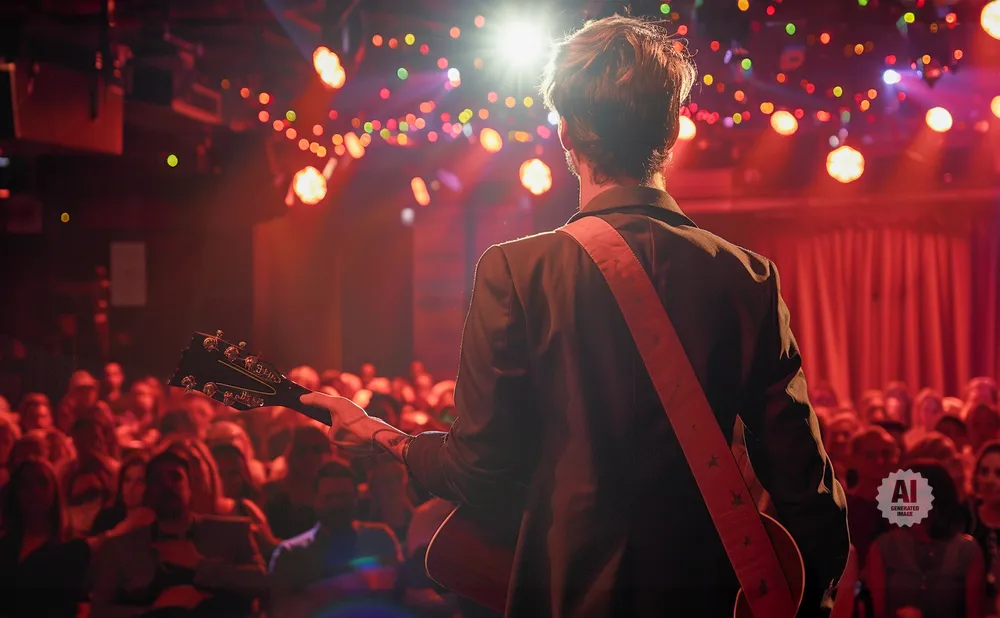 Musician playing guitar on stage in front of a cheering audience, with colorful lights.