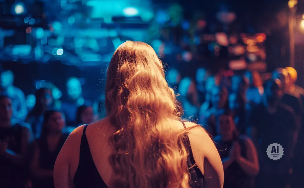 A woman with long, wavy blonde hair faces away from the camera, on a stage with a blurred audience in the background.