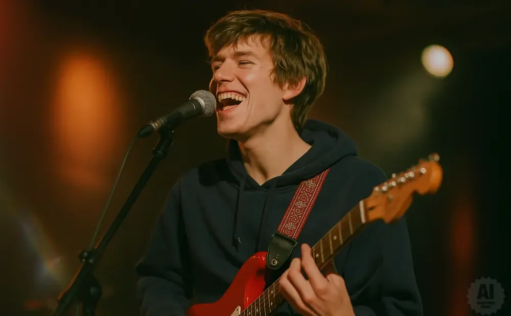 A young man with brown hair sings and plays a red electric guitar on stage.