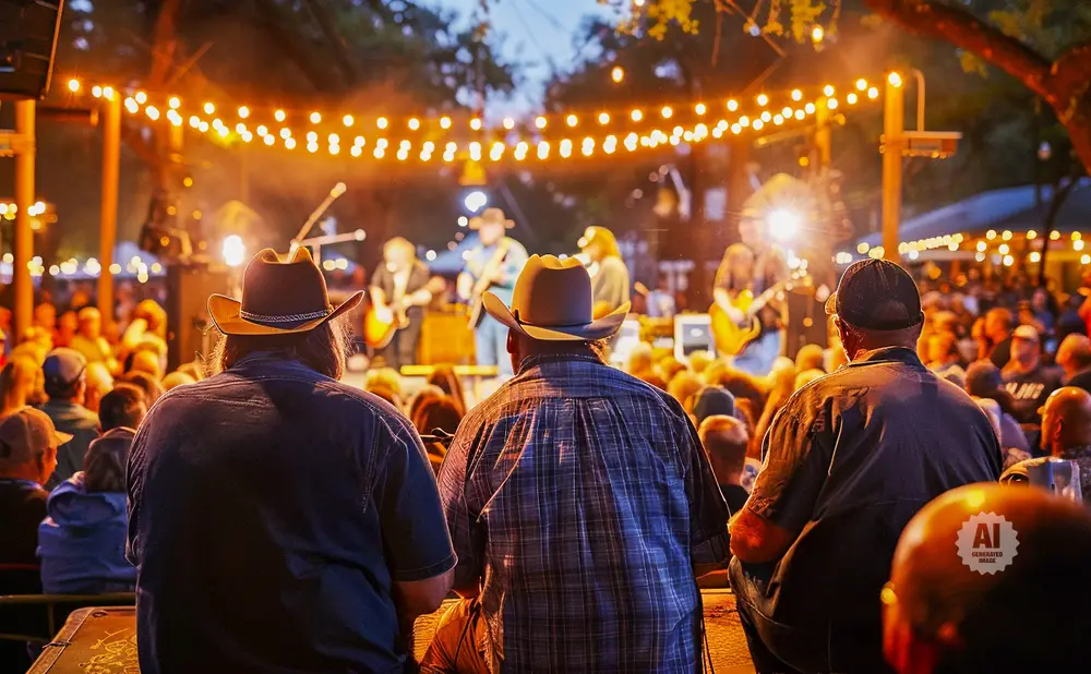 Men in cowboy hats watch a band perform on a stage lit by string lights.