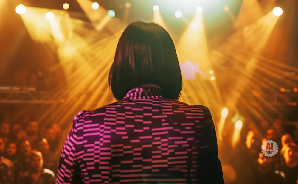 Back view of a person with a bob haircut wearing a pink and black patterned jacket on a stage.