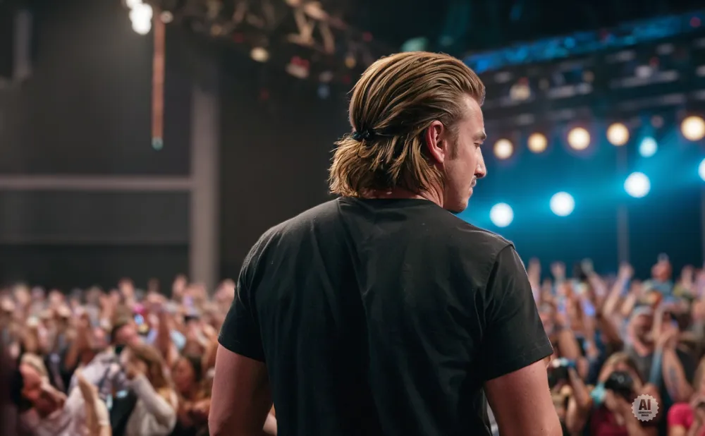 Man with blonde, slicked-back hair in a ponytail, facing away from the camera, on a stage in front of a cheering crowd.