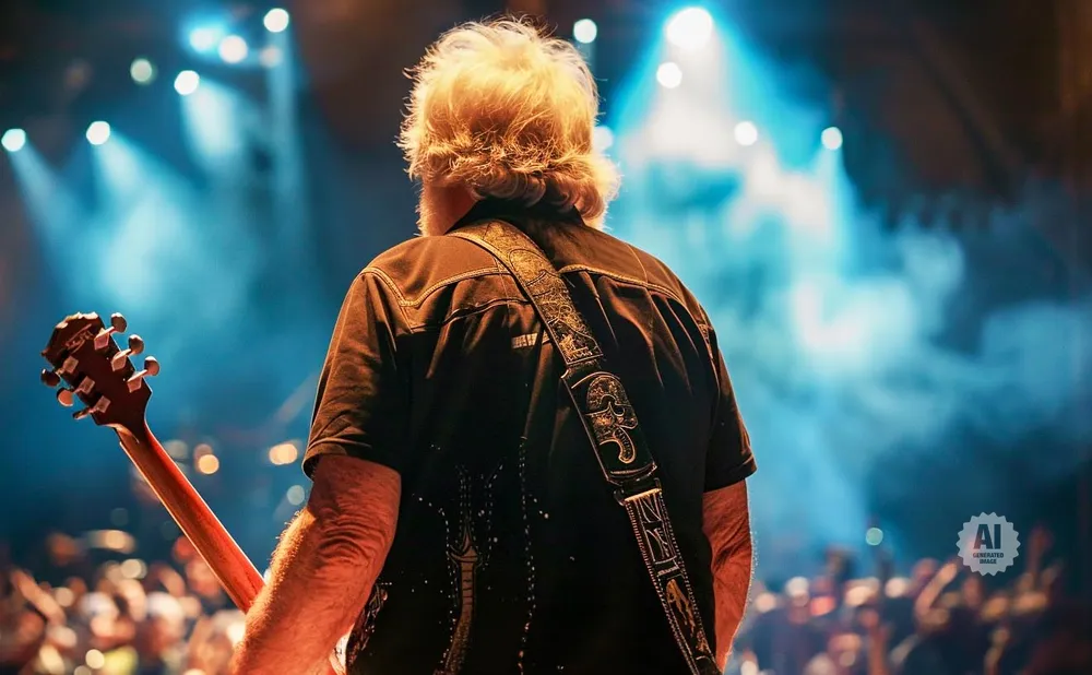 Guitarist on stage with blue lighting and crowd in the background.