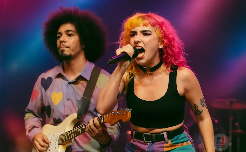 A man with an afro plays guitar as a woman with pink and yellow hair sings into a microphone on stage.