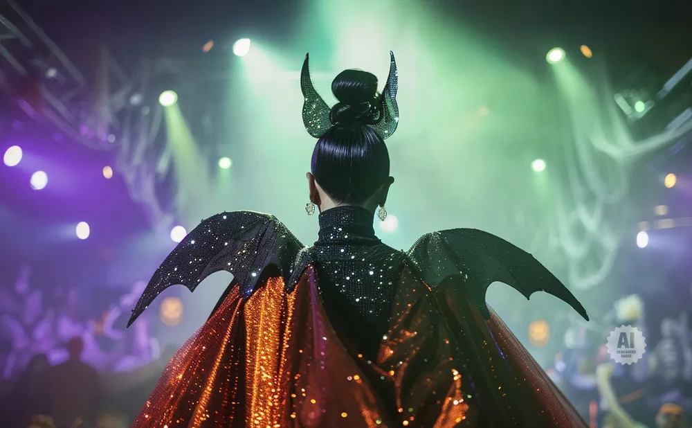 A person in a sparkling bat-wing costume with horns on their head, facing away from the camera.