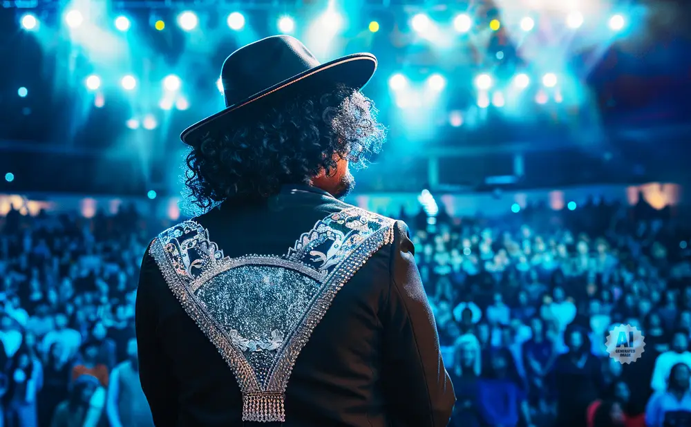 Man in a black hat and embellished jacket on stage facing a cheering audience.