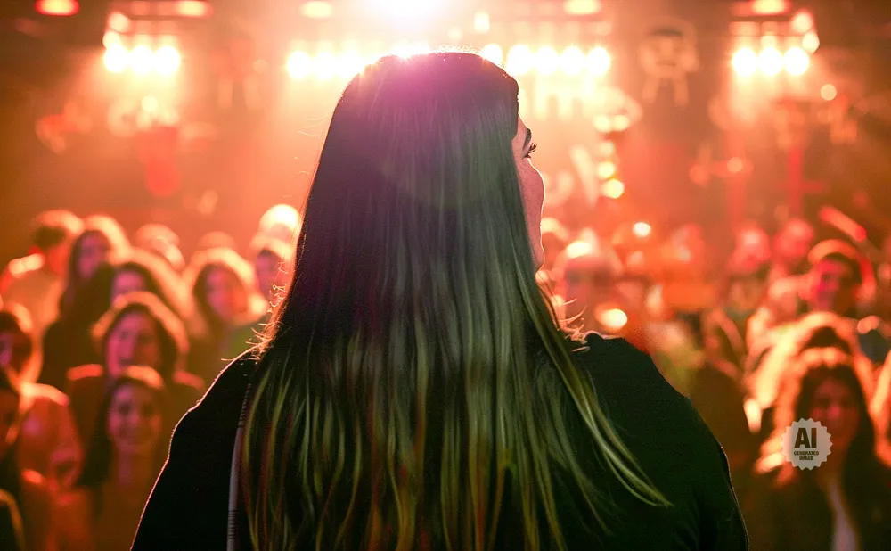 A woman with long dark hair faces away from the camera, bathed in orange stage lights, looking out at a blurred crowd.
