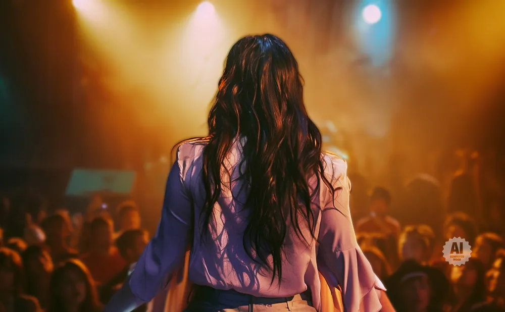 A person with long dark hair, seen from behind, stands on a stage with a crowd in the background.