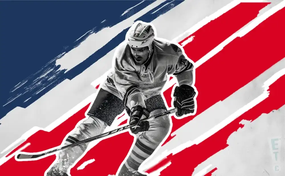 Black and white hockey player on a red and blue striped background.