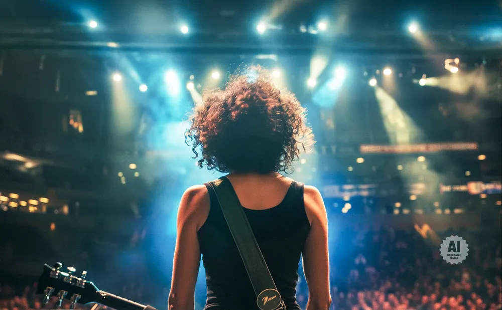 Woman with curly hair seen from behind, holding a guitar on stage with bright lights.