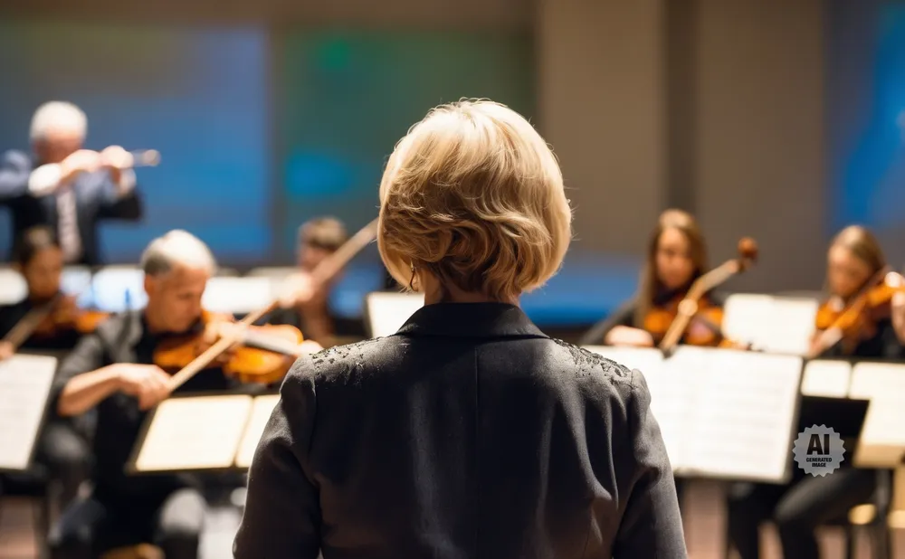 A conductor in a dark jacket faces an orchestra playing violins and a flute.