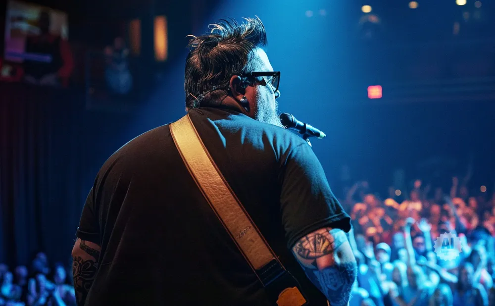 A man in sunglasses and a black shirt with tattoos on his arm, plays guitar and sings into a microphone on stage.