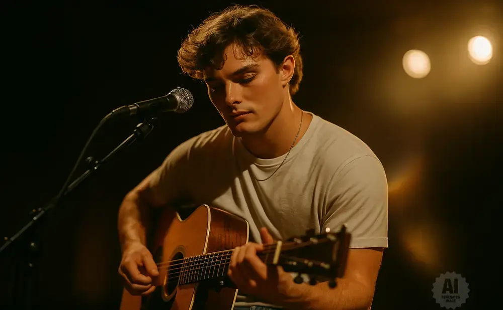 A young man plays an acoustic guitar and sings into a microphone on a dimly lit stage.
