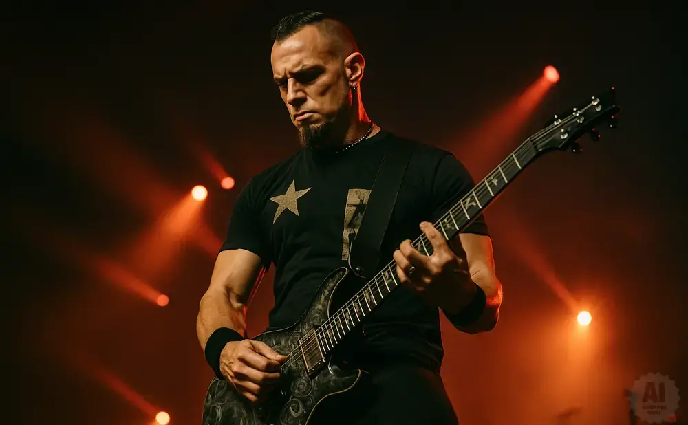 A male guitarist with a goatee and mohawk plays a black electric guitar on a dimly lit stage with orange spotlights.