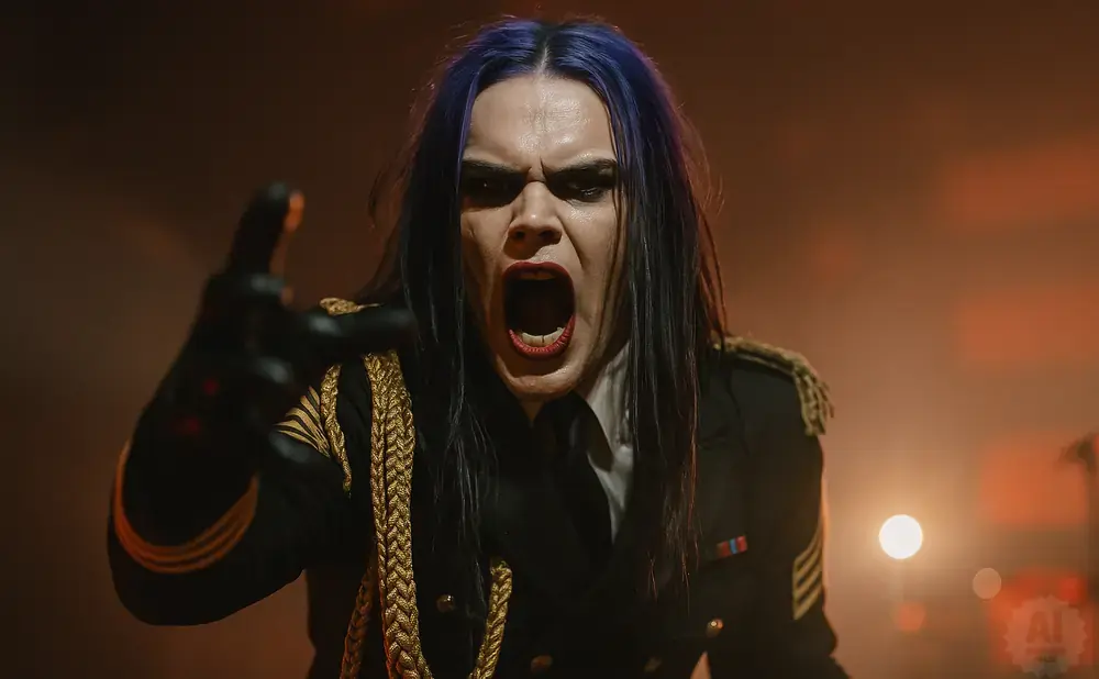 A person with blue hair and dark makeup screams while wearing a black military-style jacket with gold trim.