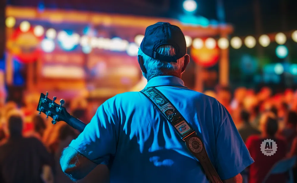 An older man in a blue shirt and cap plays guitar on a stage with blurred lights and audience.