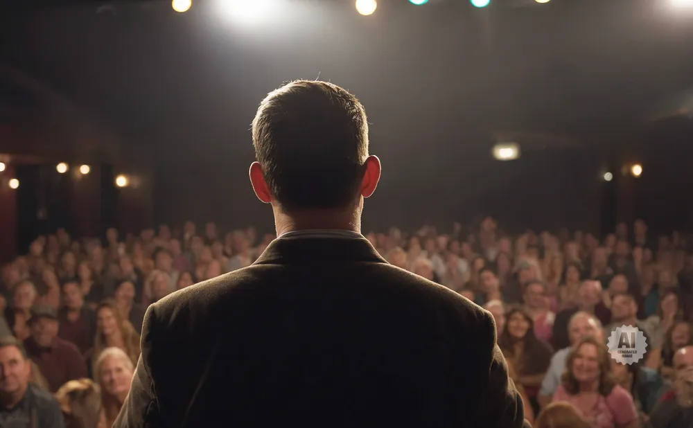 Man in a suit facing a large audience in a dimly lit theater.