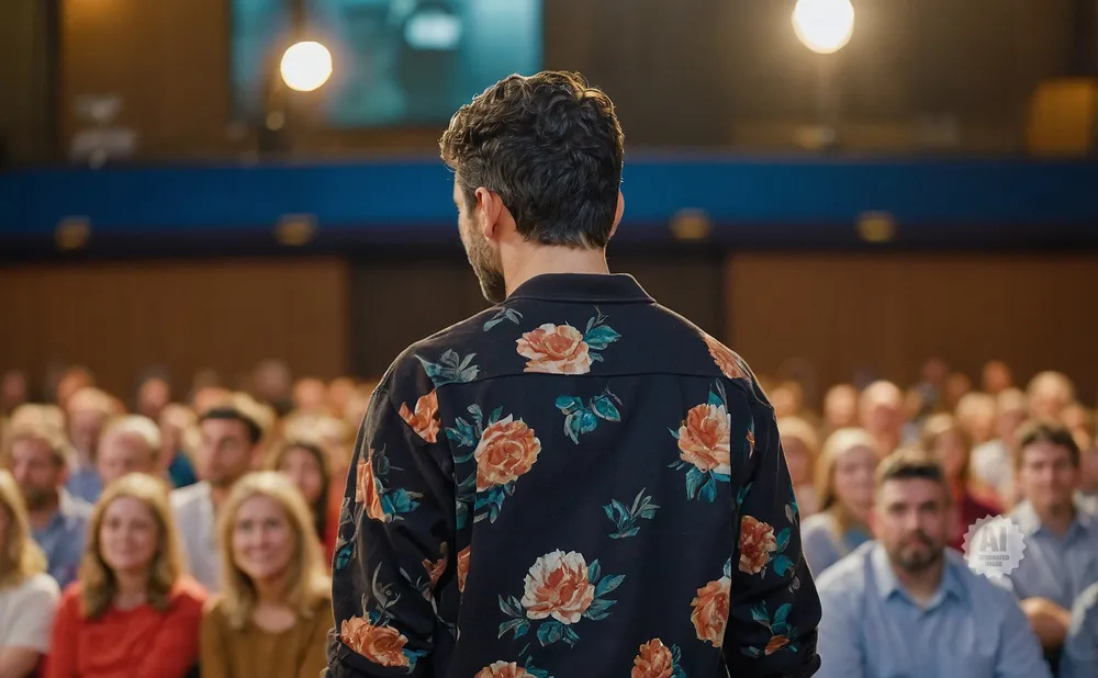 Man with floral shirt speaking to an audience.