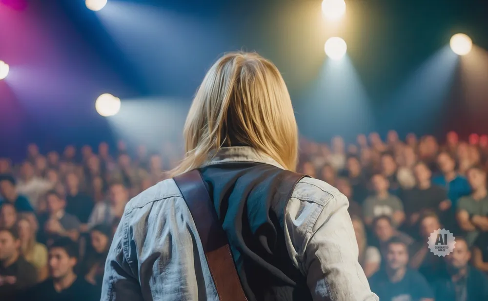A guitarist seen from behind performs for a large, blurry audience under colorful stage lights.