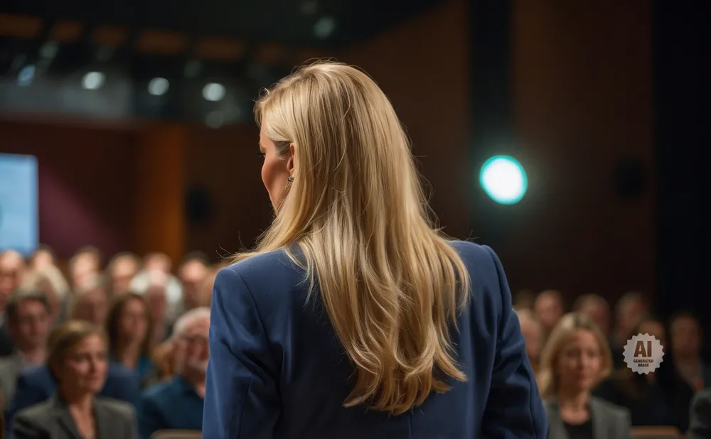 A blonde woman in a blue suit faces away from the camera, speaking to an audience.