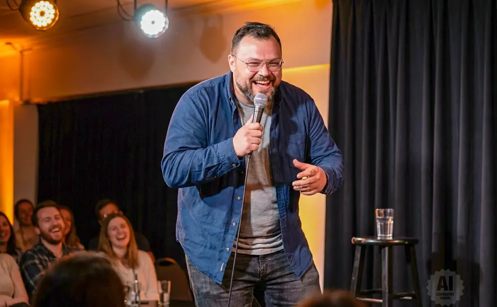 A comedian laughs into a microphone on stage while a crowd watches.