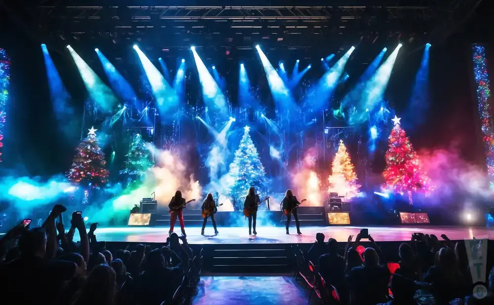 A band performs on a stage with Christmas trees and blue spotlights, with a crowd watching.