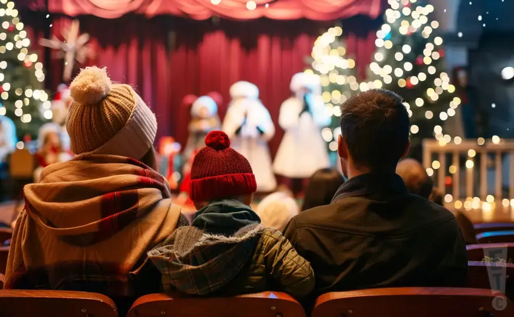 Family watches a Christmas puppet show with a stage, trees, and twinkling lights.