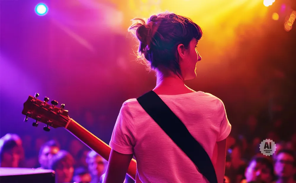 A woman in a white shirt with a guitar strap plays an acoustic guitar on a dimly lit stage.