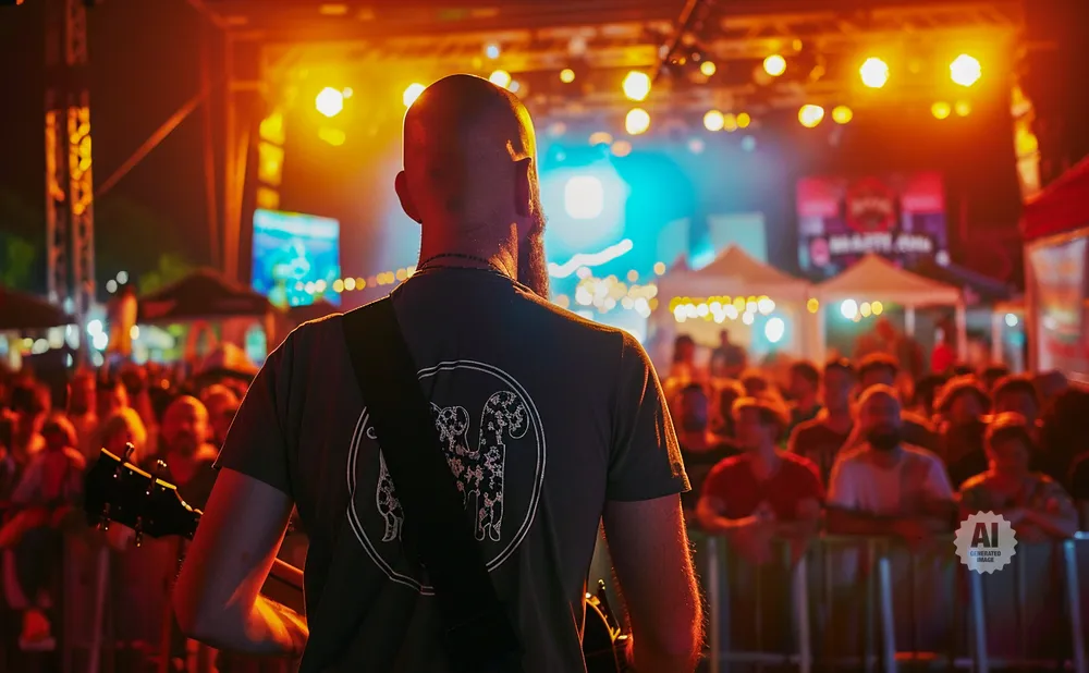 Guitarist with a beard on a stage, facing a crowd at an outdoor concert, lit by warm stage lights.