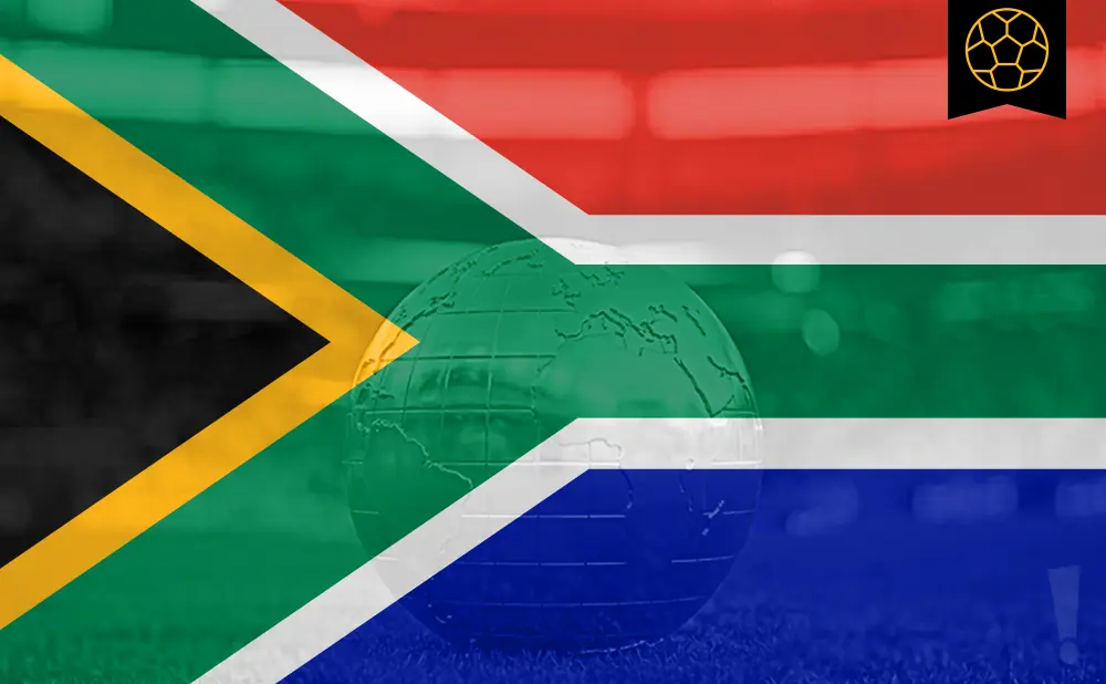 South African flag overlaid on a globe with a soccer ball emblem.